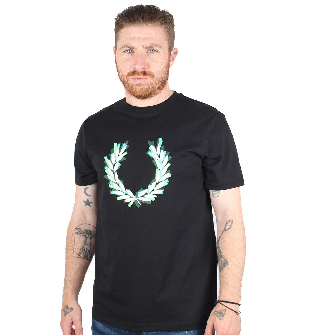 Fred Perry Black Glitched Laurel Wreath Tee (Blue Logo)