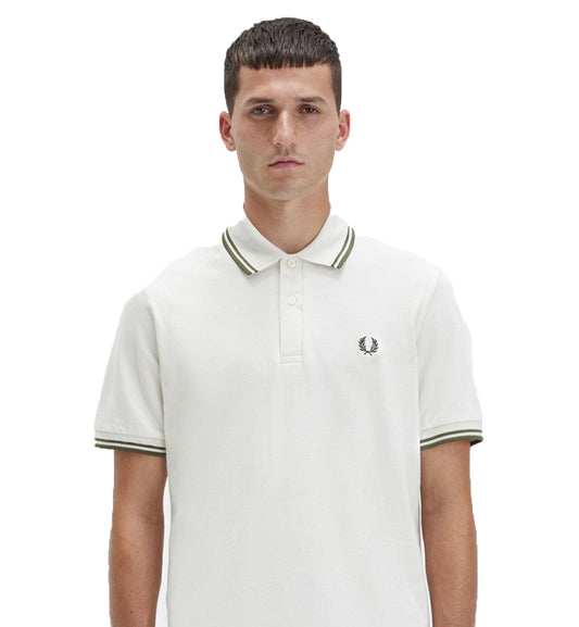Fred Perry Green Double Stripe Ecru Polo Shirt