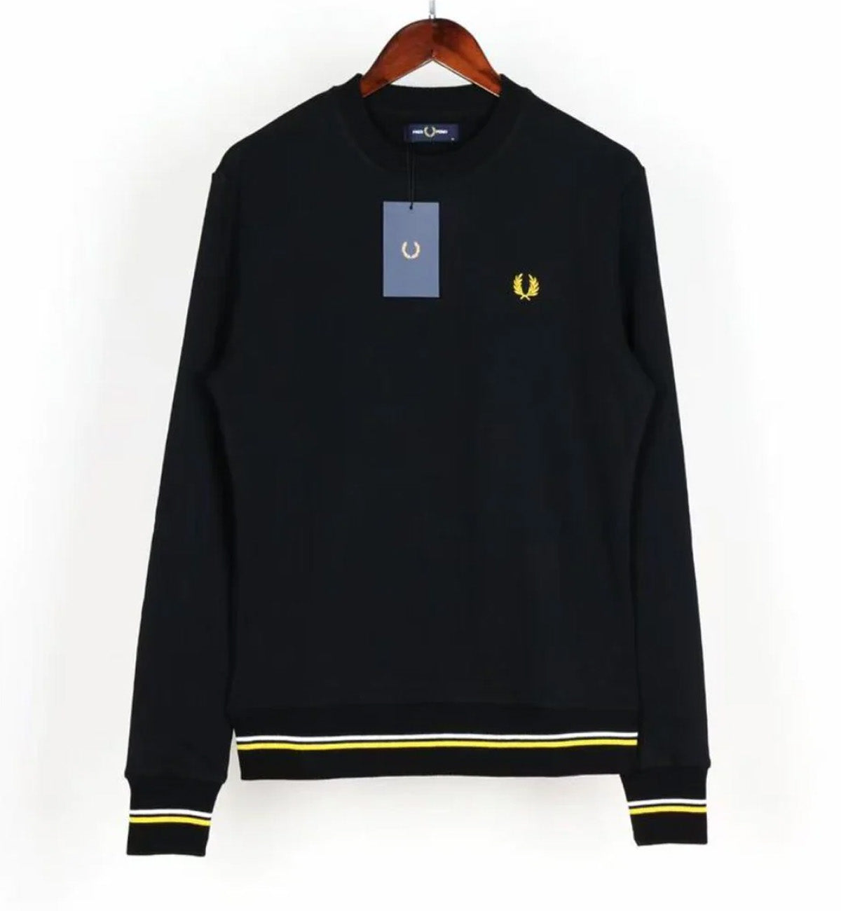 Fred Perry Small Logo Yellow Stripe Sleeve Sweatshirt (Black)