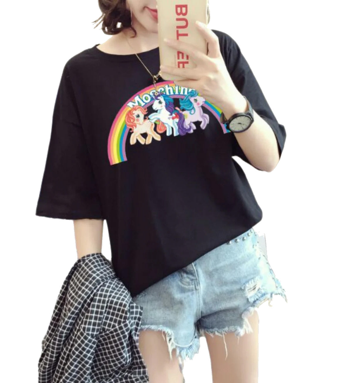 Moschino Rainbow Unicorn Printed T-Shirt (Black)