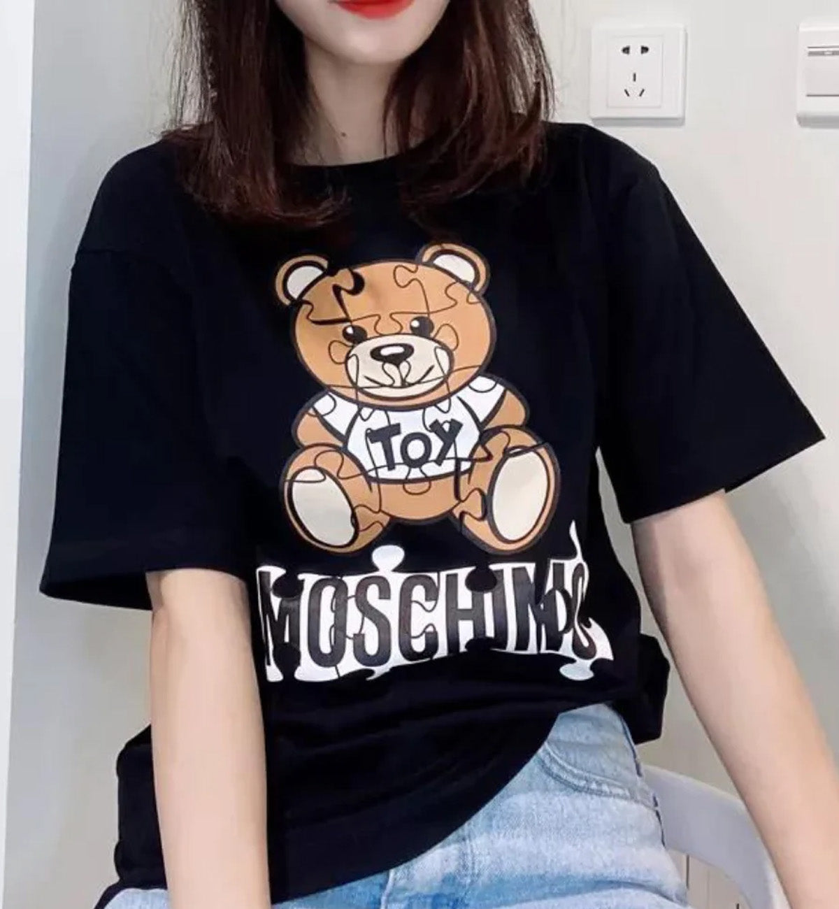 Moschino Bear Puzzle High Mirror Printed T-Shirt ( Black )