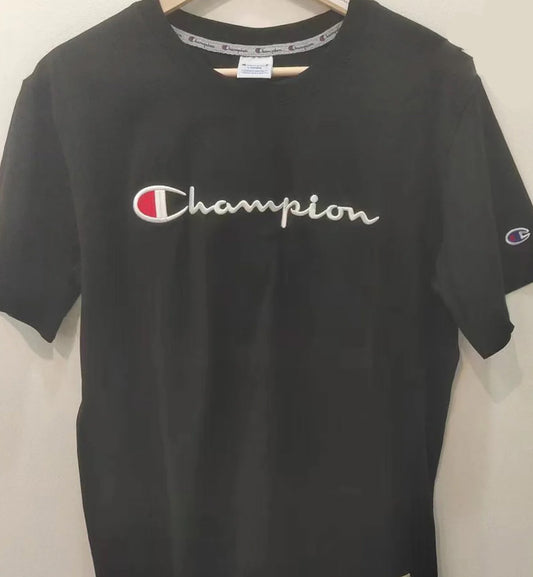 SUPERPROMO Champion Embroidered White Script Logo S/S T-Shirt (Black)