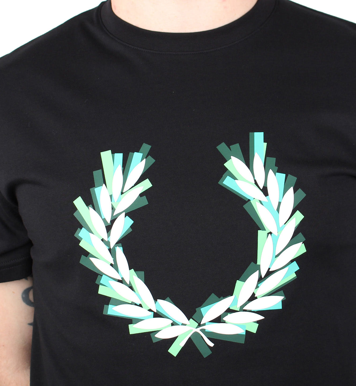 Fred Perry Black Glitched Laurel Wreath Tee (Blue Logo)
