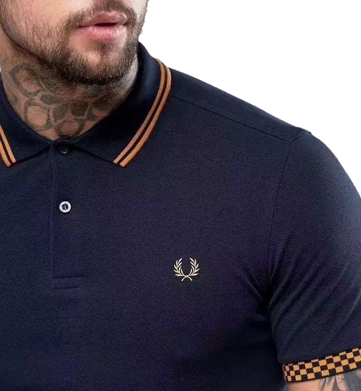 Fred Perry Gold Stripe with Plaid Sleeve Navy Blue Polo Shirt