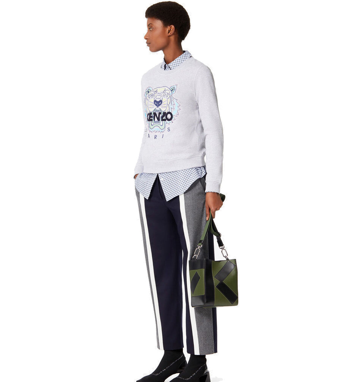 Kenzo Blue Yellow Embroidered Tiger Logo Grey Sweatshirt