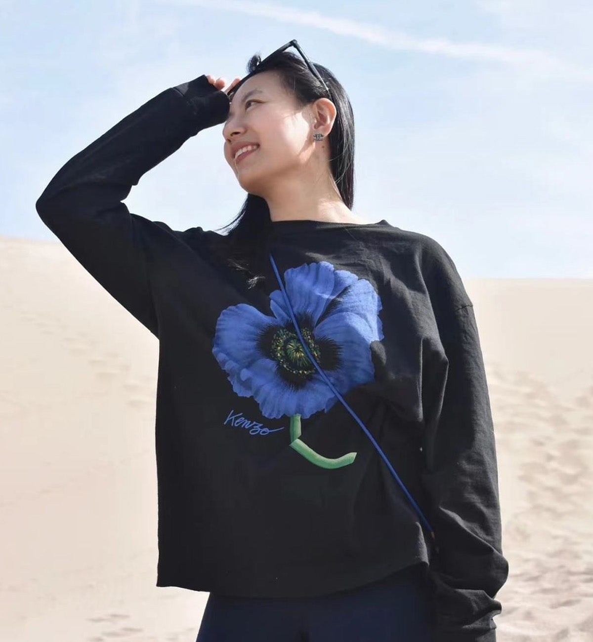 Kenzo Blue Front Poppy Flower Black Sweatshirt