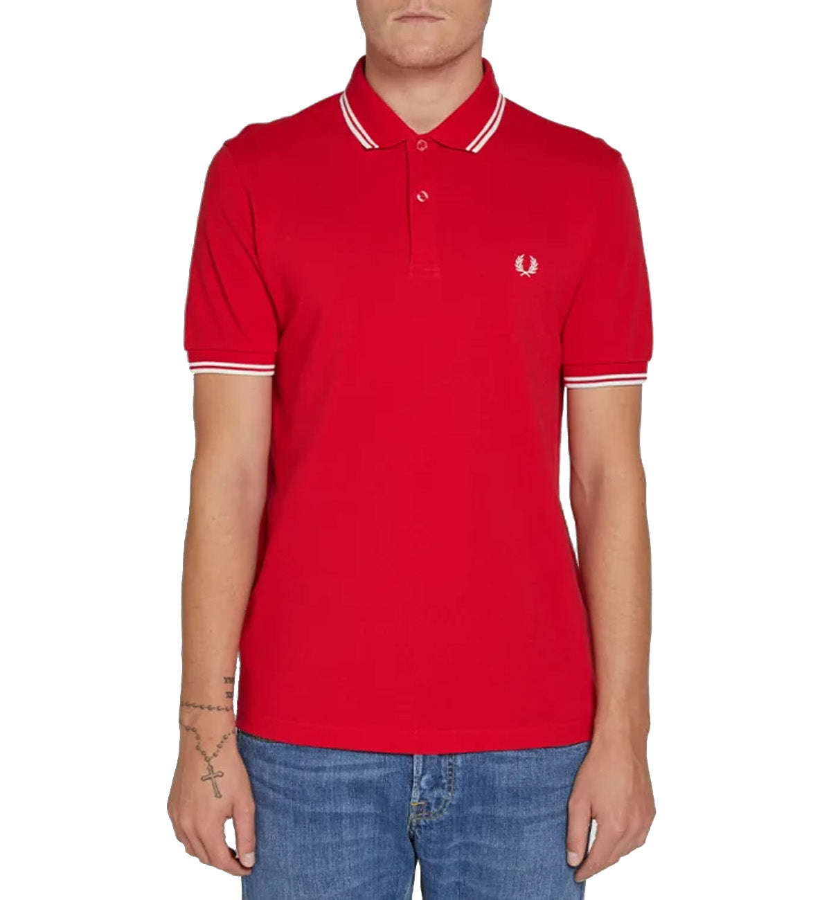 Fred Perry White Double Stripe Bright Red Polo Shirt