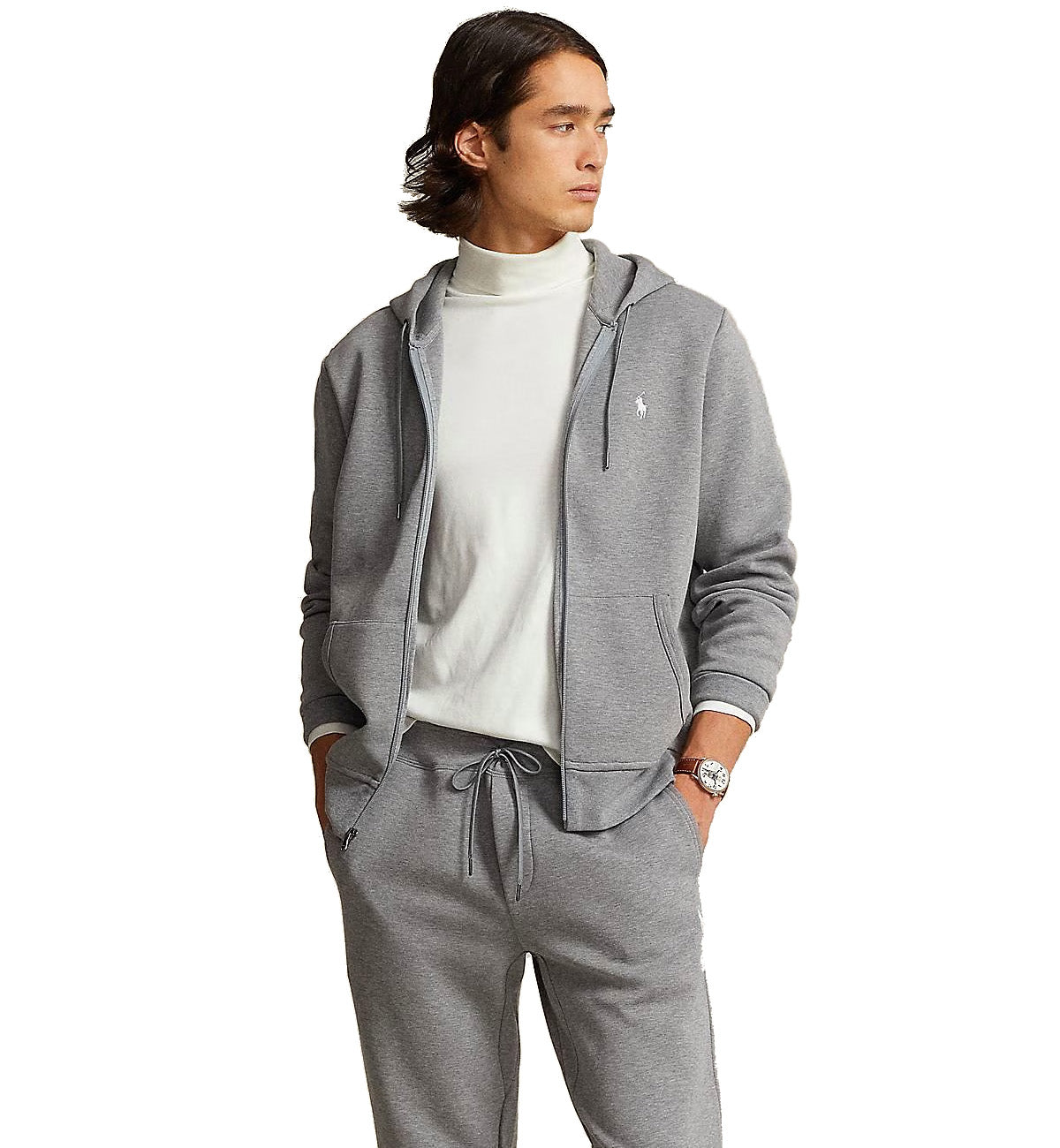 Ralph Lauren Double-Knit Full-Zip Polo Hoodie (Grey)