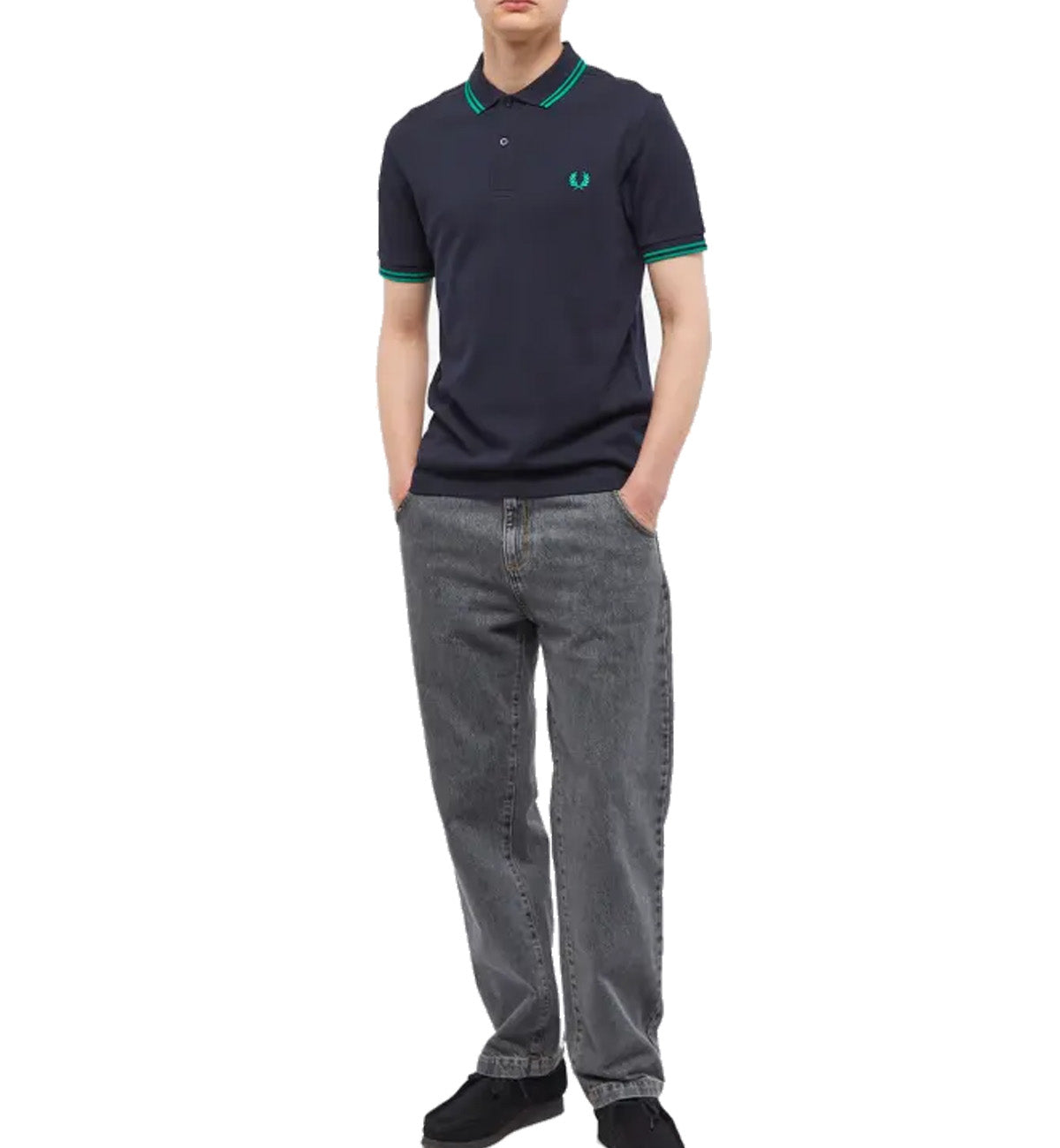 Fred Perry Cyan Double Stripe Navy Blue Polo Shirt