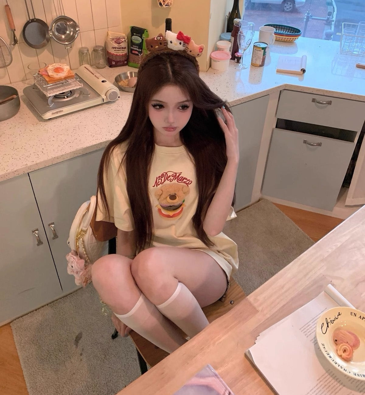 13DE MARZO Layered Hamburger T-Shirt (Beige)