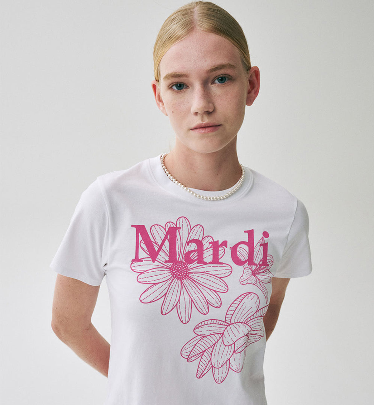 Mardi Mercredi Triple Flower Mardi T-Shirt (White Pink)