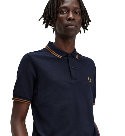 Fred Perry Orange Double Stripe Navy Polo Shirt