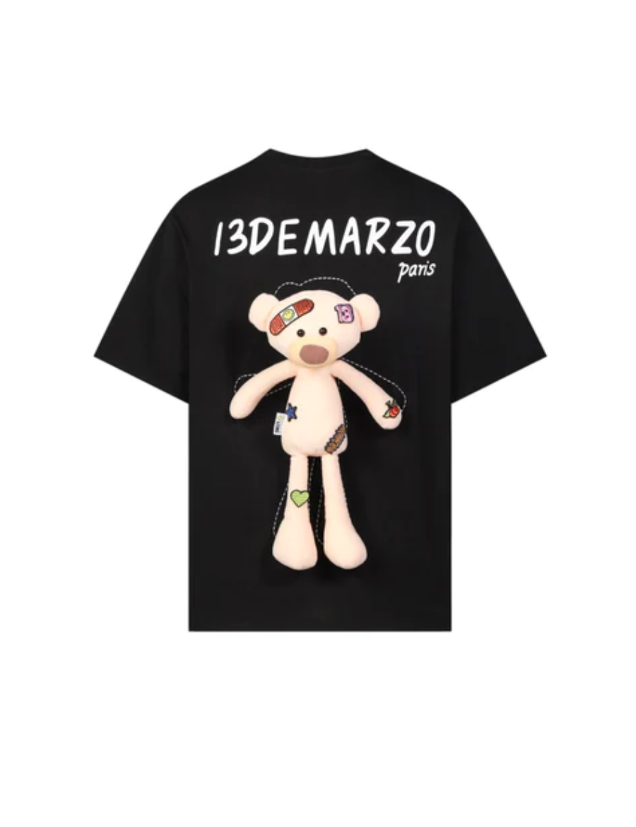 13DE MARZO Palda Bear Velcro Patch Letter T-Shirt Black