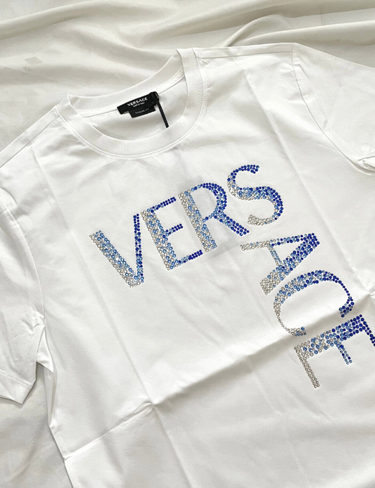 Versace Logo Blue and White Crystal T-Shirt (White)