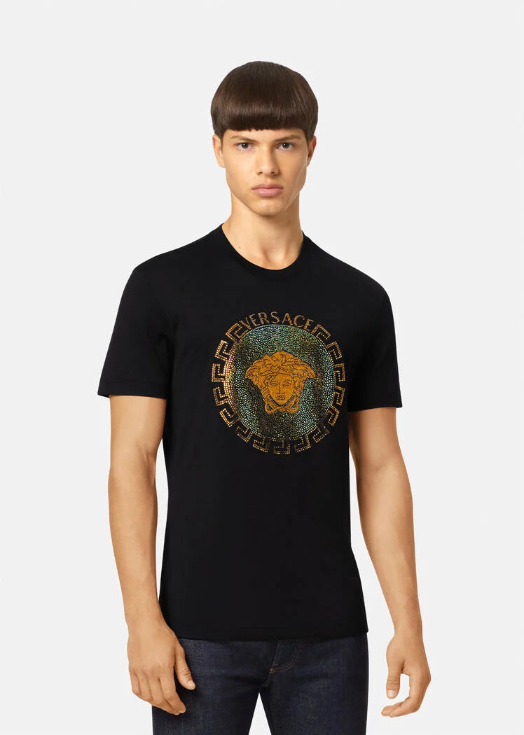 Versace Embellished Gradient Rhinestone Medusa Head Tee (Black)
