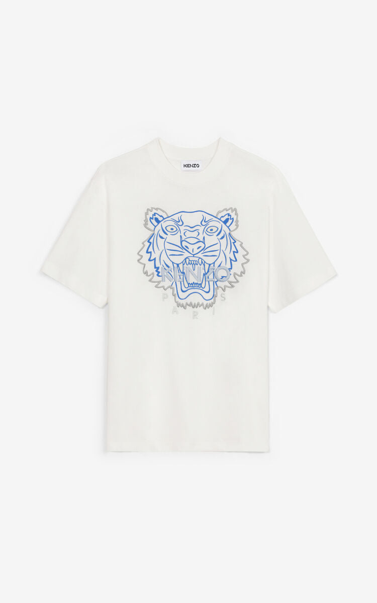 Kenzo Blue Matte Tiger Embroidered T-shirt (White)