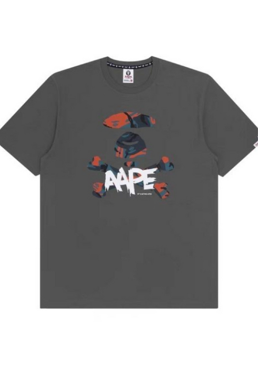 Aape Contrast Camouflage Ape X-Bone Alphabet Printed Short Sleeve Tee (Grey)