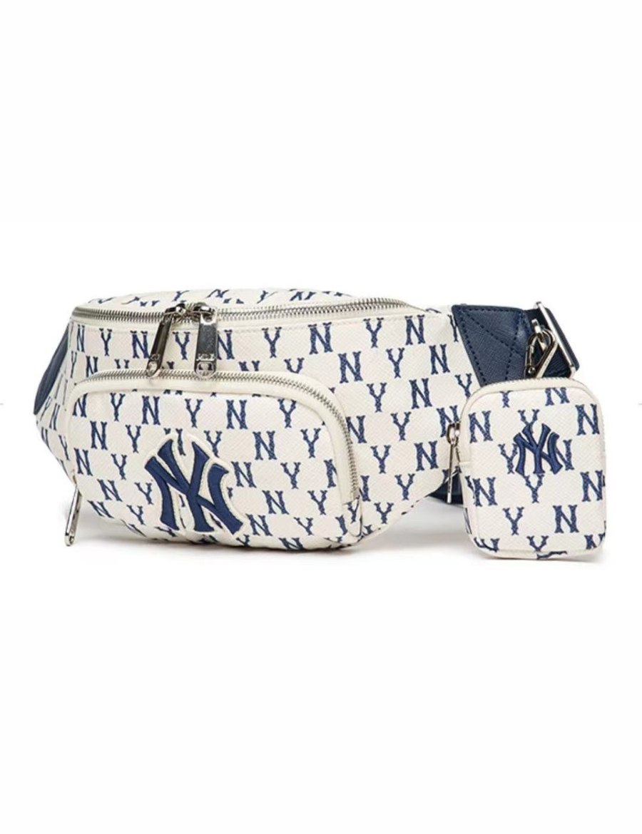 MLB Monogram New York Yankees Hip Sack NY Logo Waist Bag Pouch Bag (White)