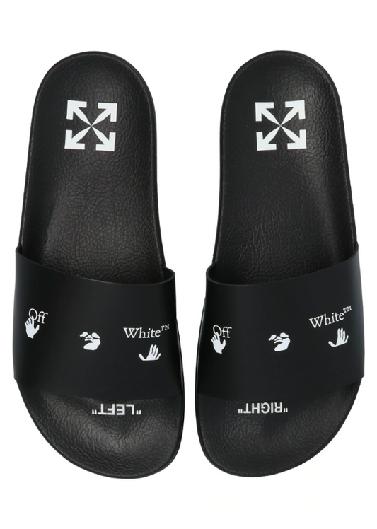 Off-White logo-print flat slides black/white