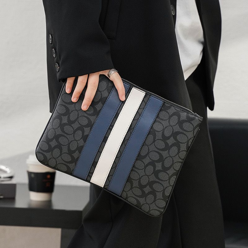 Coach Large Pouch In Signature Canvas With Varsity Stripe (Black)