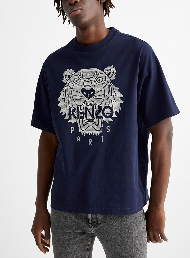 Kenzo Silver Embroidered Tiger T-shirt (Navy Blue)