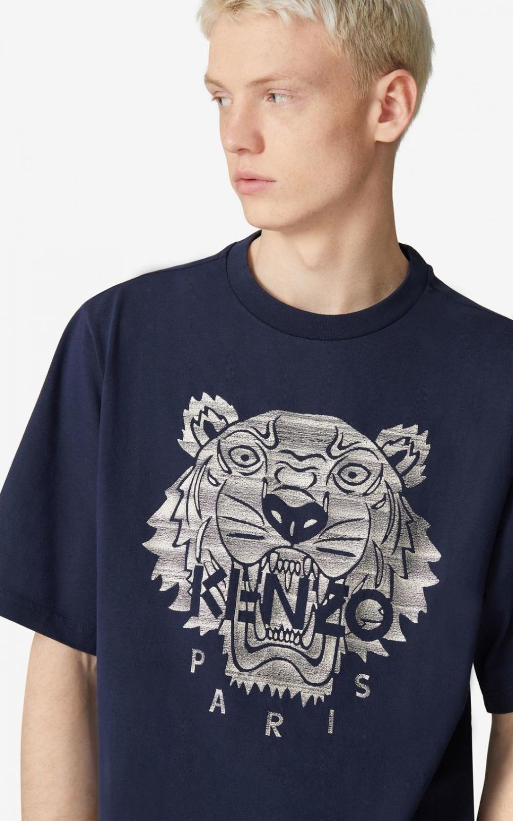Kenzo Silver Embroidered Tiger T-shirt (Navy Blue)