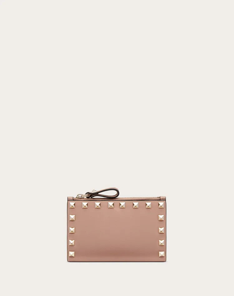 Valentino Rockstud Calfskin Coin Purse And Card Holder (Pink)