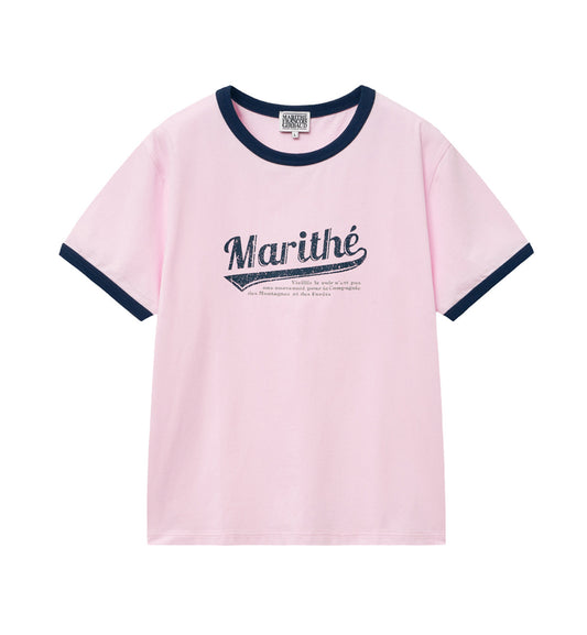 Marithe Vintage Baseball Ringer T-Shirt (Light Pink)