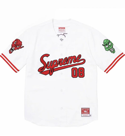 Supreme x Mitchell & Ness Collaboration FW23 DOWNTOWN HELL BASEBALL JERSEY (White)