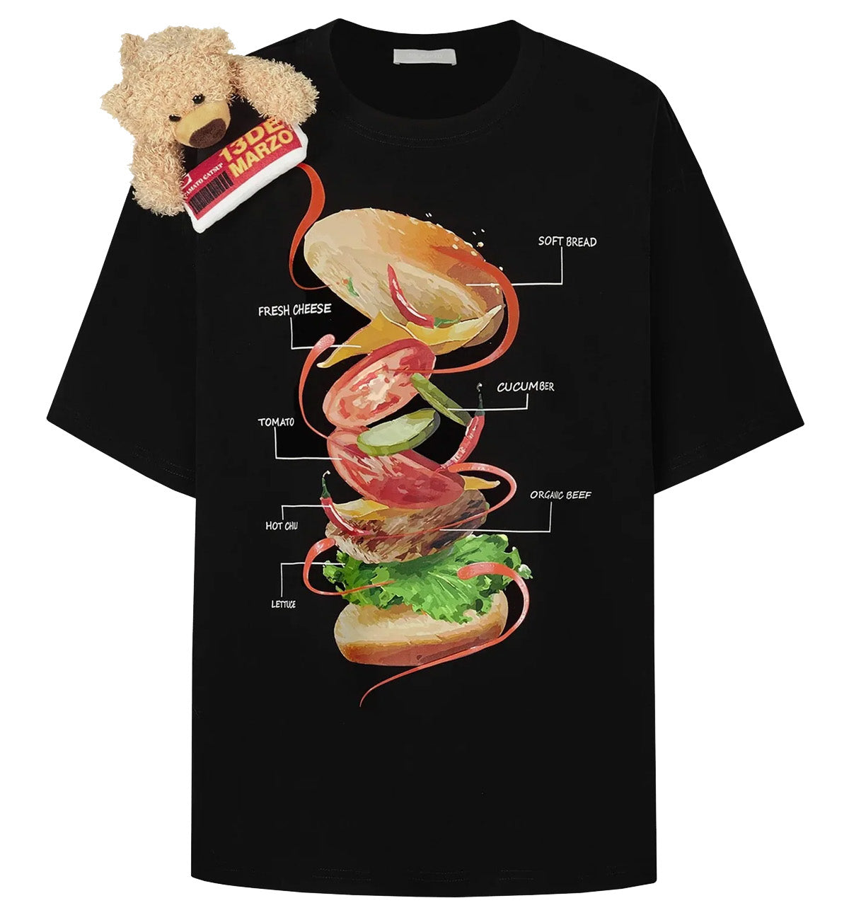 13DE MARZO Hamburger Ingredient T-Shirt (Black)