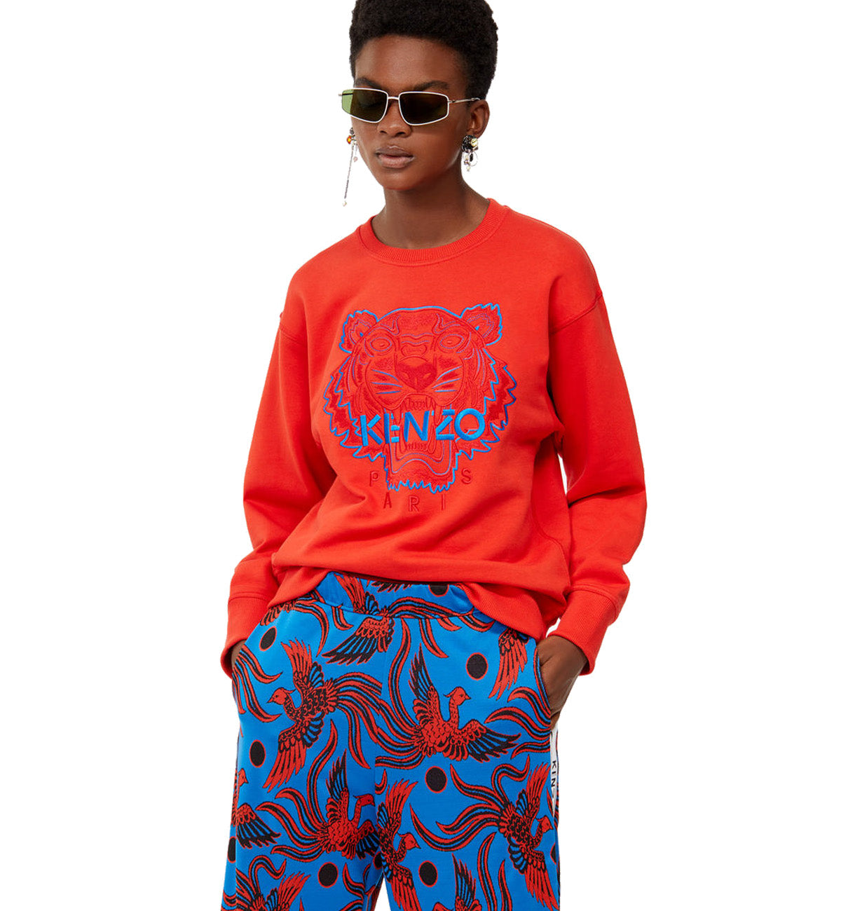 Kenzo Blue Line Embroidered Tiger Logo Red Sweatshirt