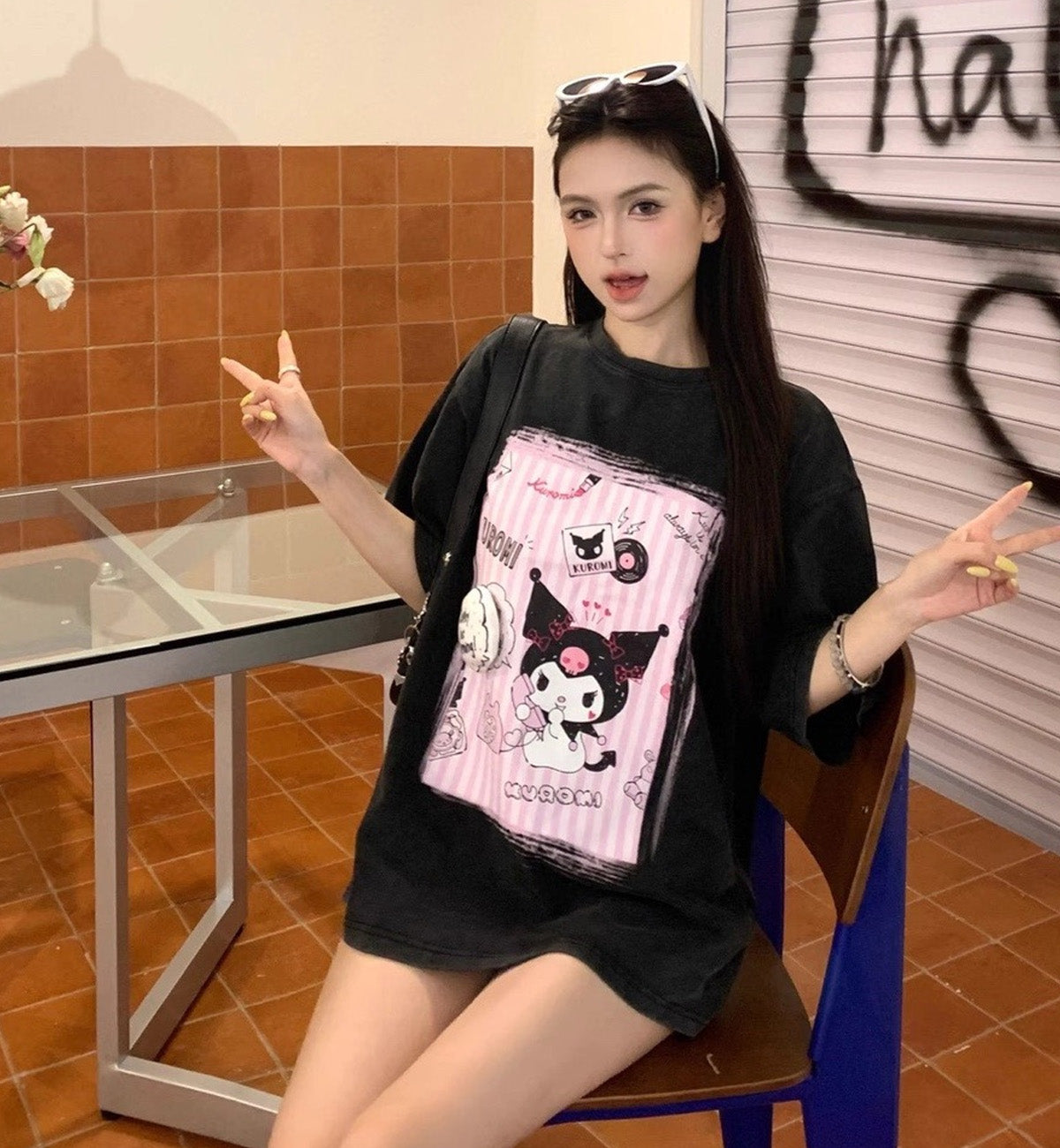 13DE MARZO x Kuromi Graffiti Washed T-Shirt (Black)