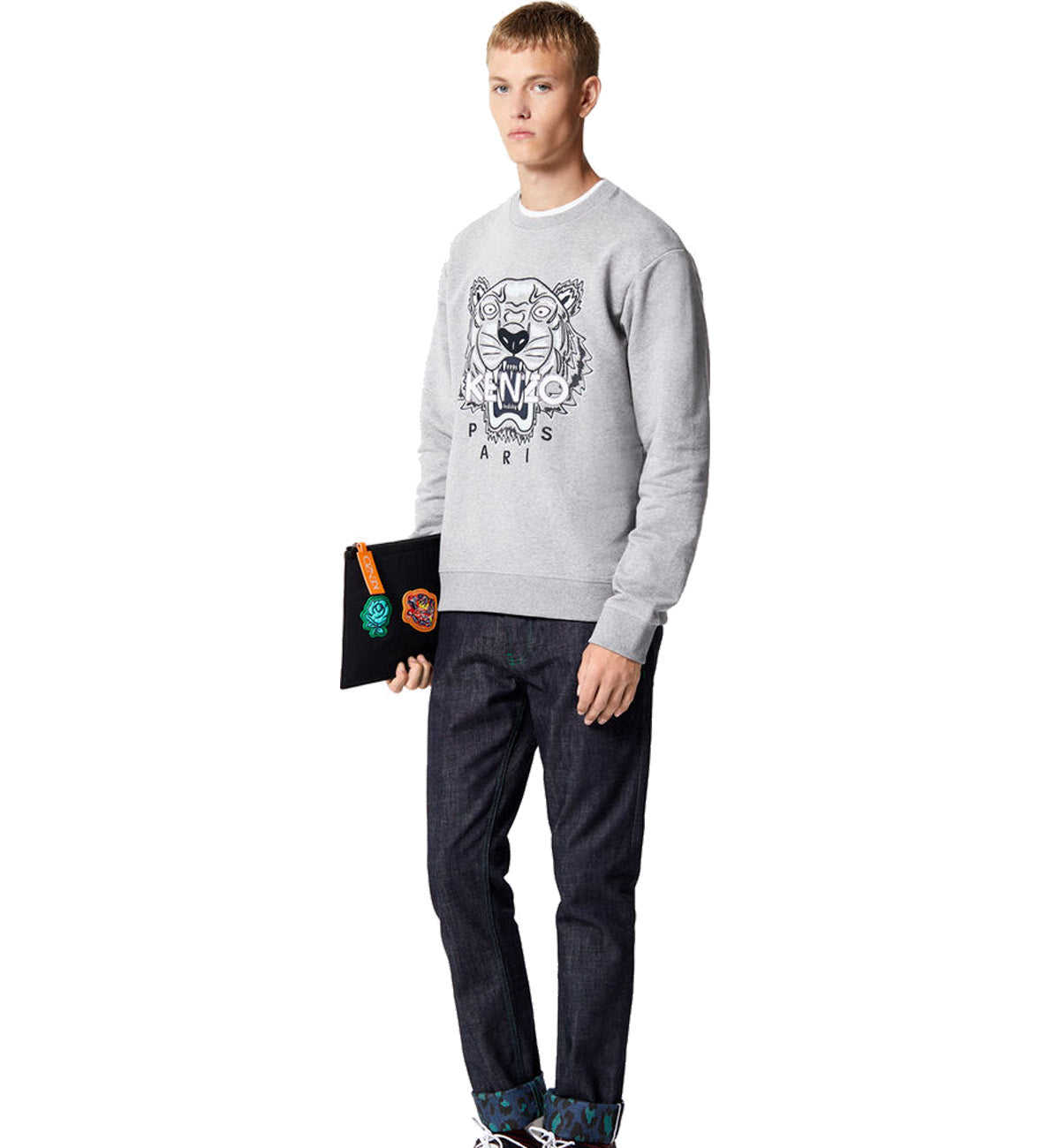 Kenzo Black White Embroidered Tiger Logo Grey Sweatshirt