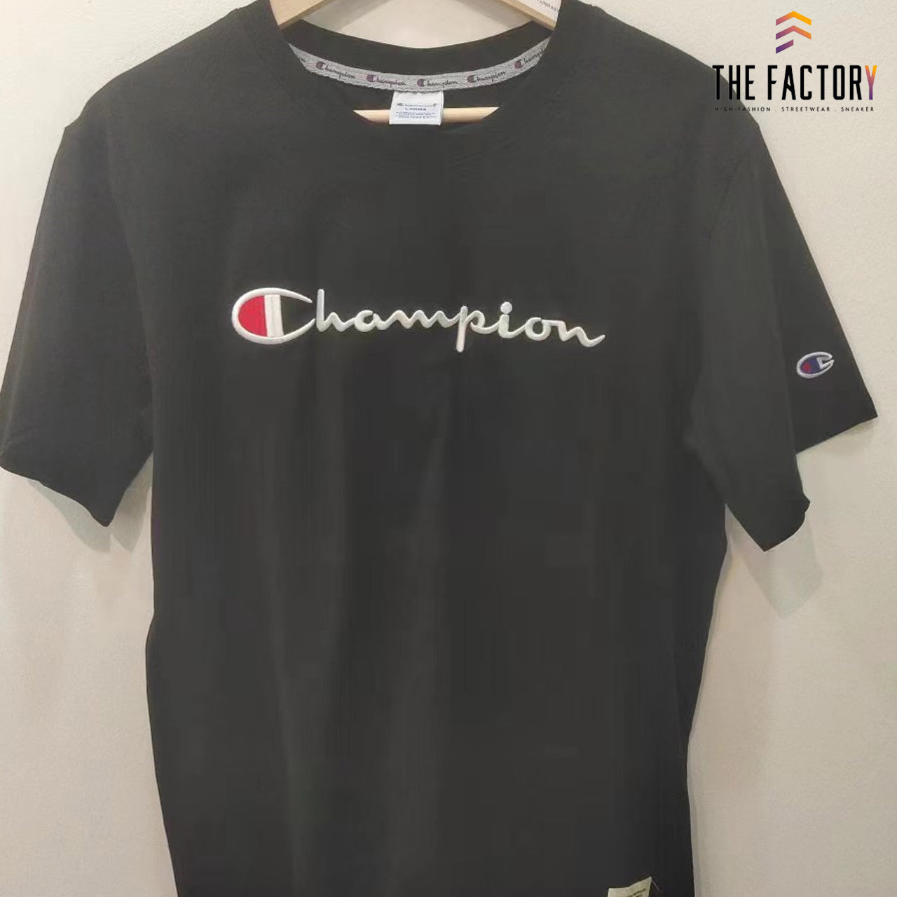 Champion Embroidered White Script Logo S/S T-Shirt (Black)
