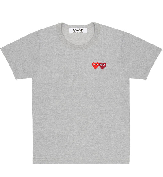 CDG Play Double Heart x Burgundy T-Shirt (Grey)