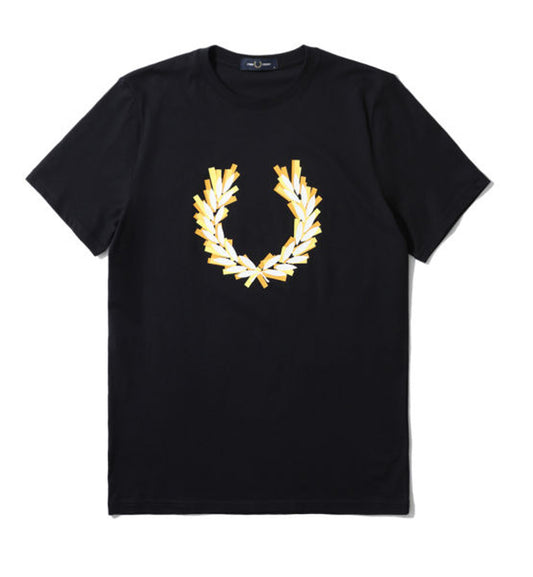 Fred Perry Black Glitched Laurel Wreath Tee (Yellow Logo)