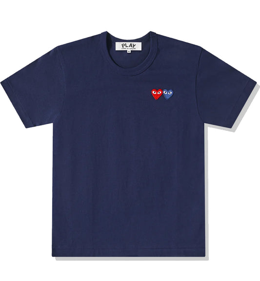 CDG Play Double Heart x Burgundy T-Shirt (Navy)