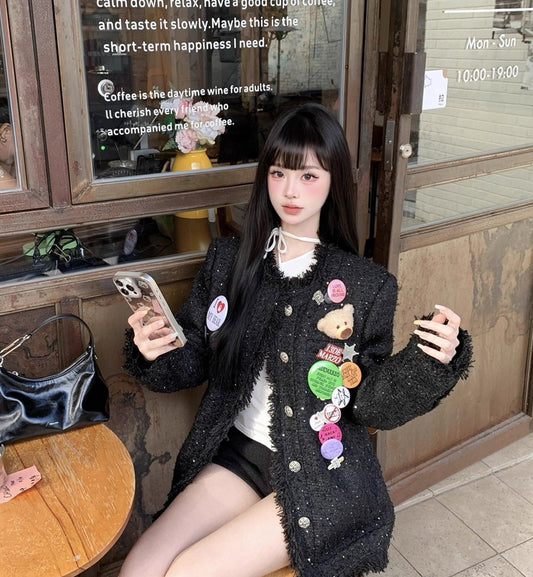 13DE MARZO Badge Vintage Chunky Wool Jacket (Black)