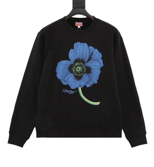 Kenzo Blue Front Poppy Flower Black Sweatshirt