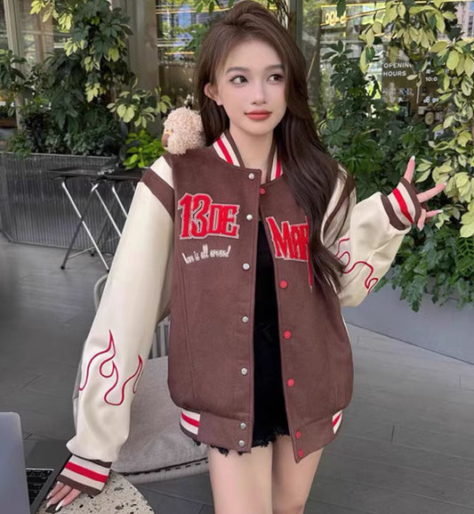 13DE MARZO Flame Baseball Jacket (Brown)