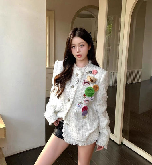 13DE MARZO Badge Vintage Chunky Wool Jacket (White)