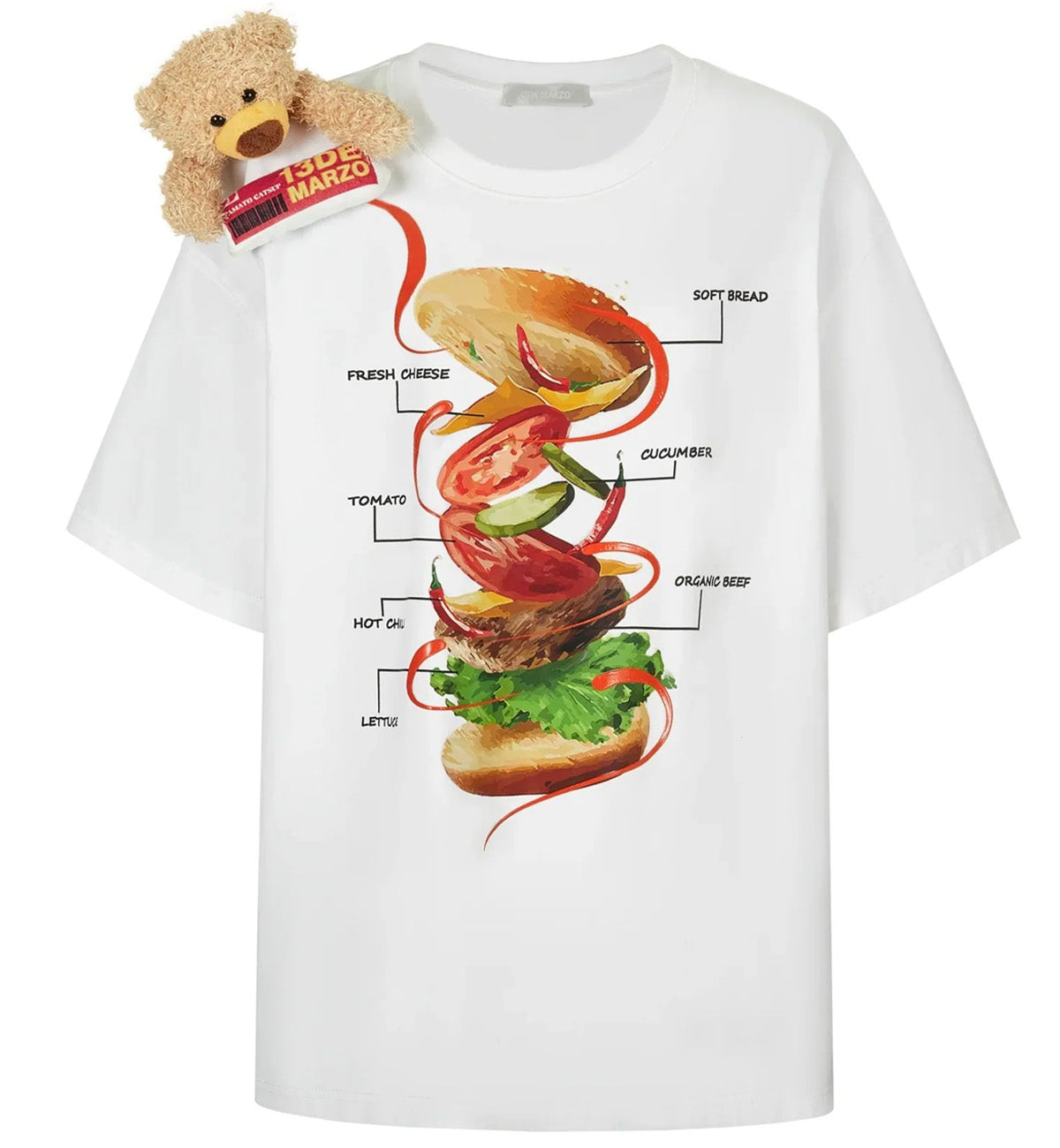 13DE MARZO Hamburger Ingredient T-Shirt (White)