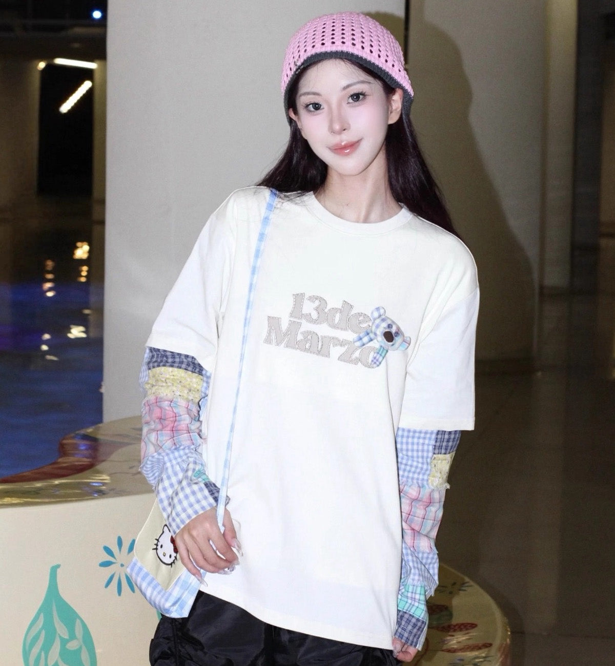 13DE MARZO Bear Plaid Sleeve T-shirt (Beige)