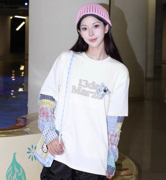 13DE MARZO Bear Plaid Sleeve T-shirt (Beige)