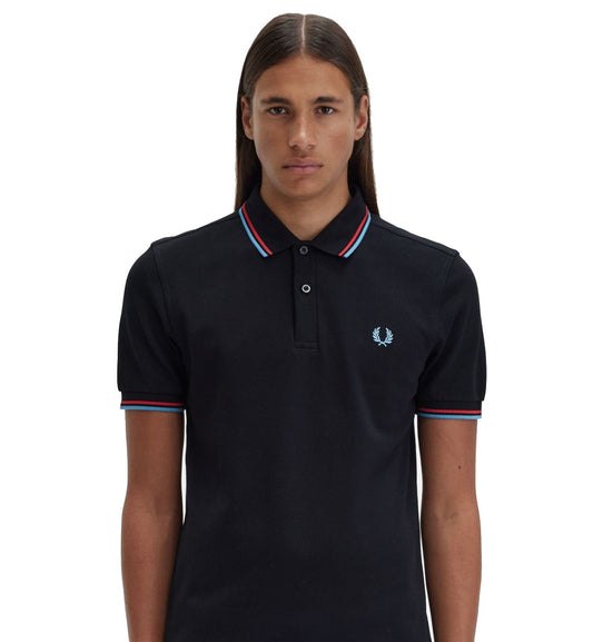 Fred Perry Cyan Red Stripe Black Polo Shirt