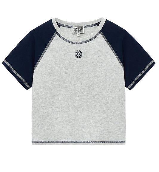 Marithe W Raglan Stitch Crop T-Shirt (Heather Grey)