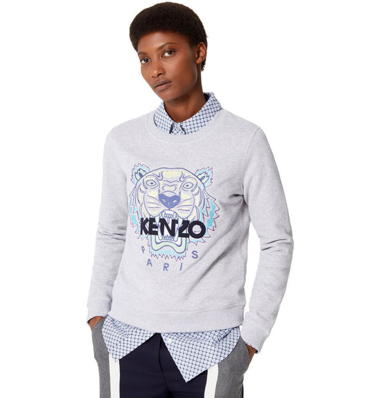 Kenzo Blue Yellow Embroidered Tiger Logo Grey Sweatshirt