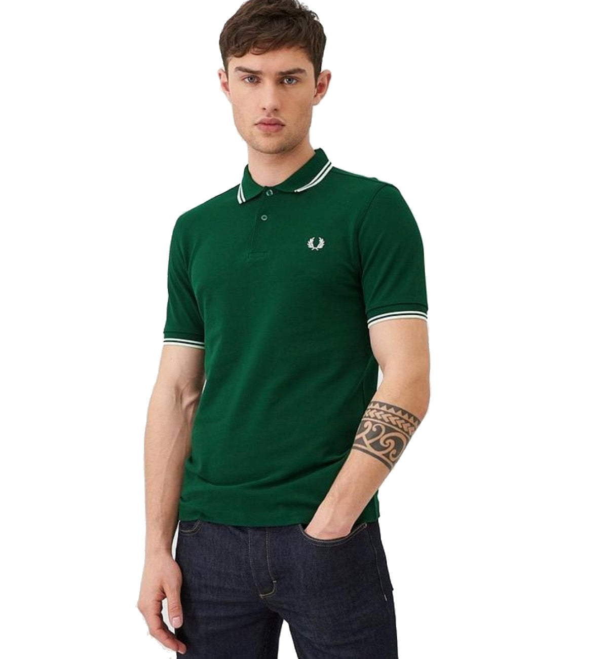 Fred Perry White Double Stripe Green Polo Shirt