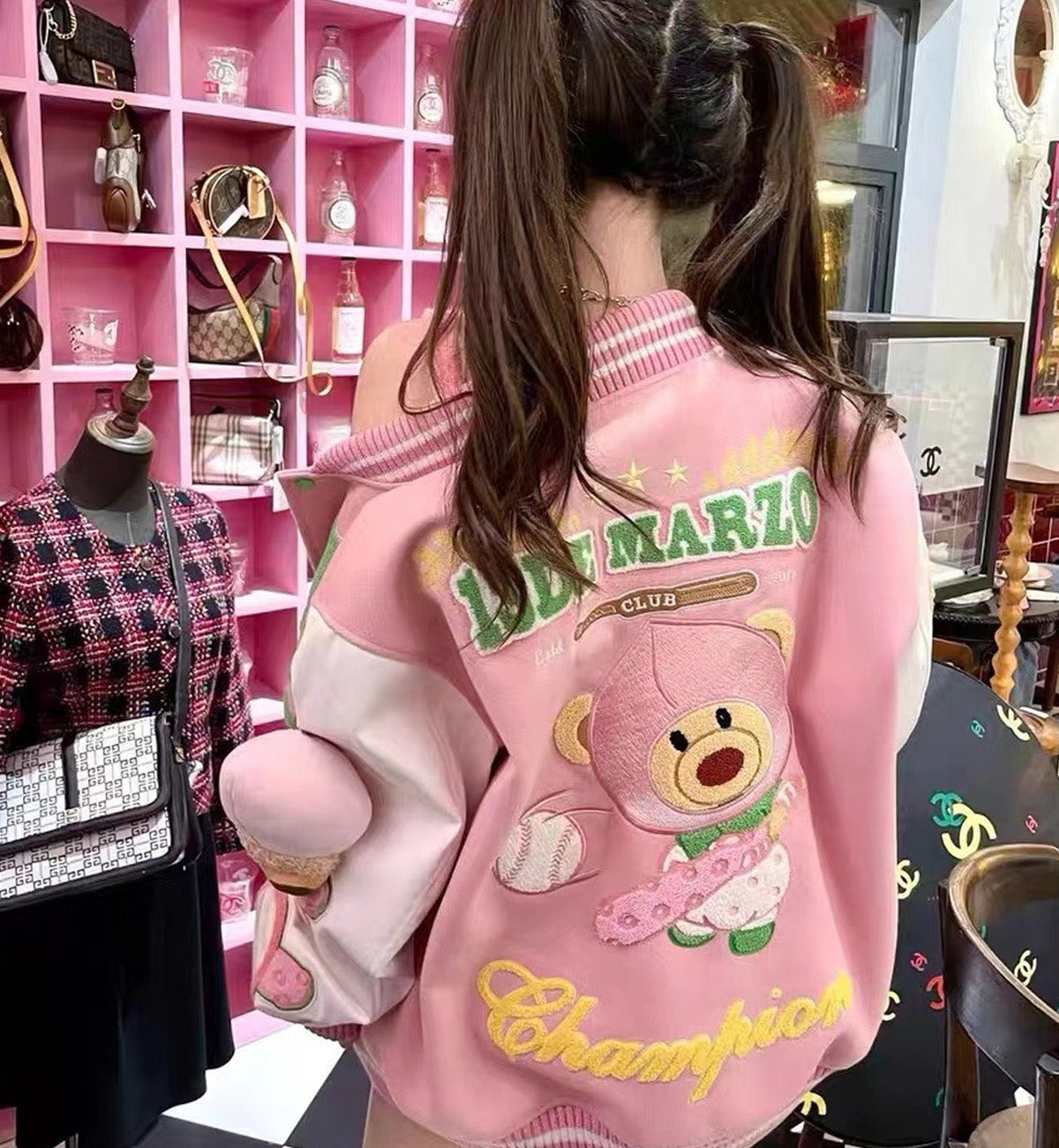 13DE MARZO Peach Biscuit Bear Baseball Uniform Jacket (Pink)