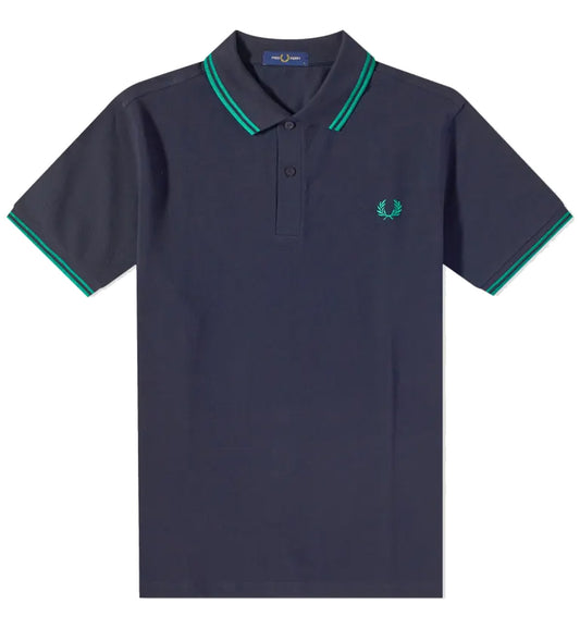 Fred Perry Cyan Double Stripe Navy Blue Polo Shirt